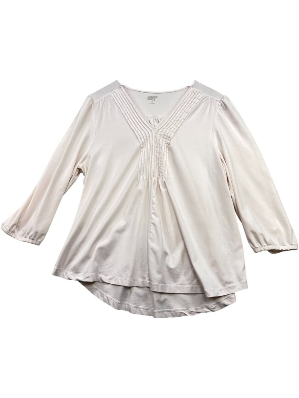 Lands' End Women's V-Neck Pleated Blouse 3/4 Sleeve Stretch Size XL Light Pink